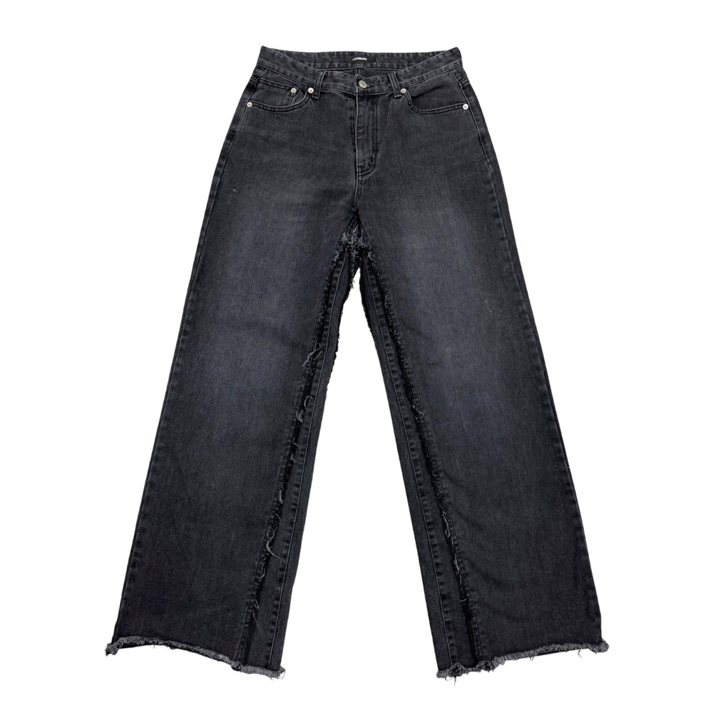Lowburn Wide Leg Jeans Raw Edge Seam Washed Black Grunge Streetwear S
